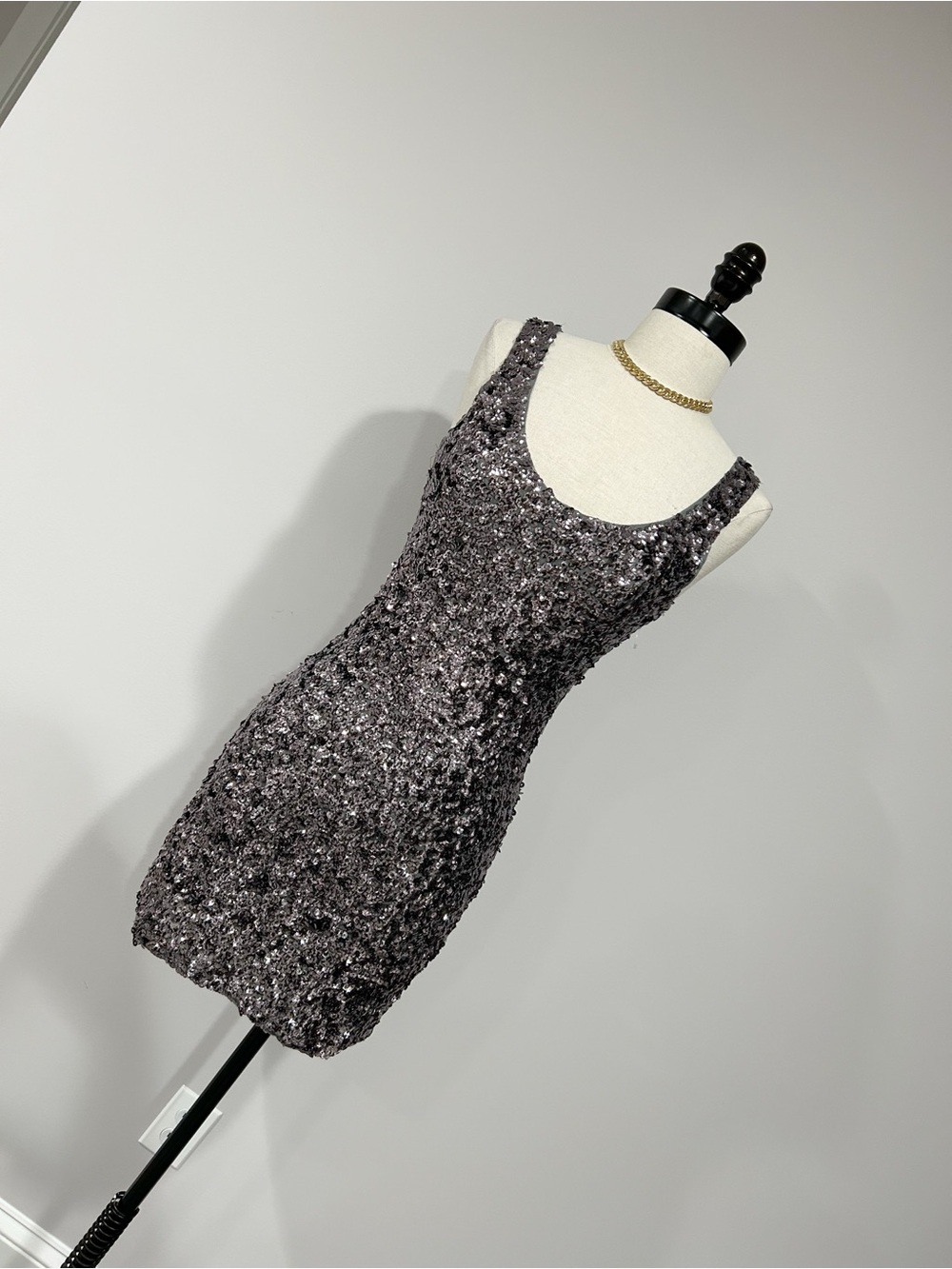 Sequin Scoop Neck Mini Dress in Charcoal